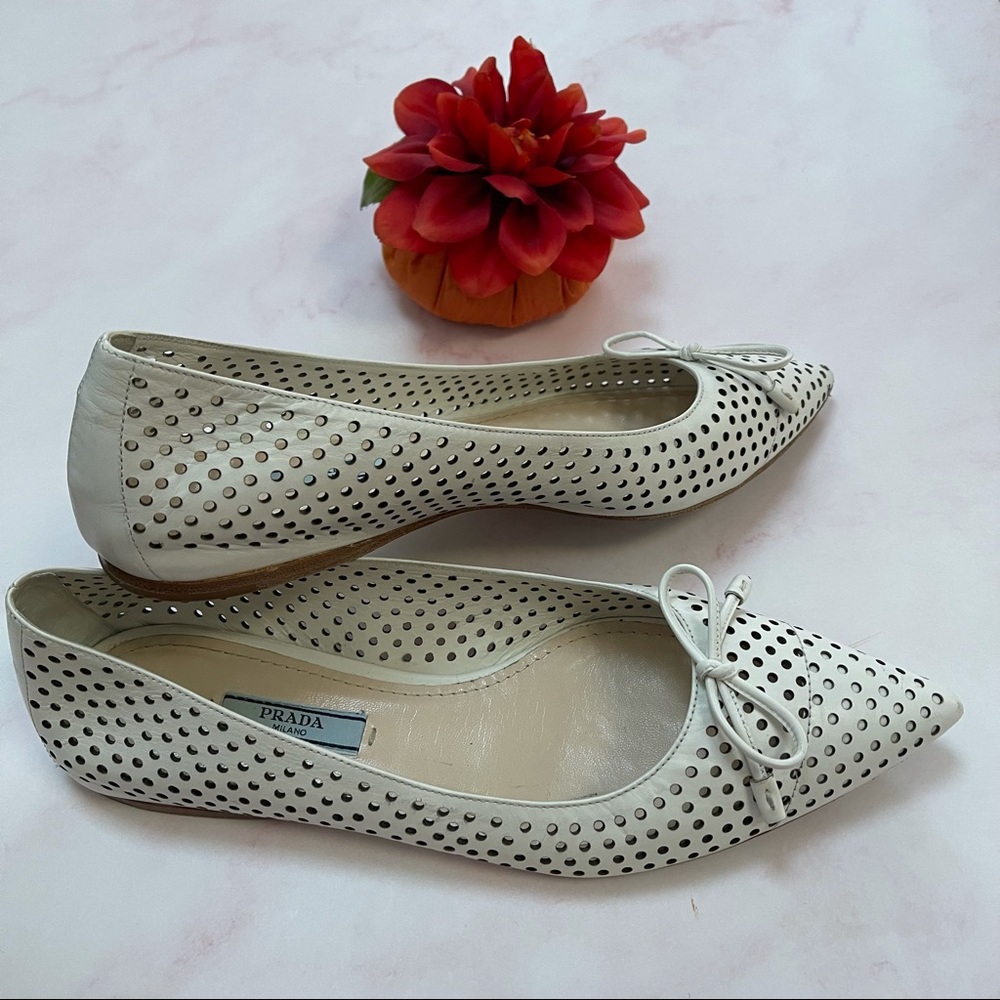 PRADA White Perforated Leather Bow Pointed Toe Ballet Flats 37 1/2 AUTHENTIC